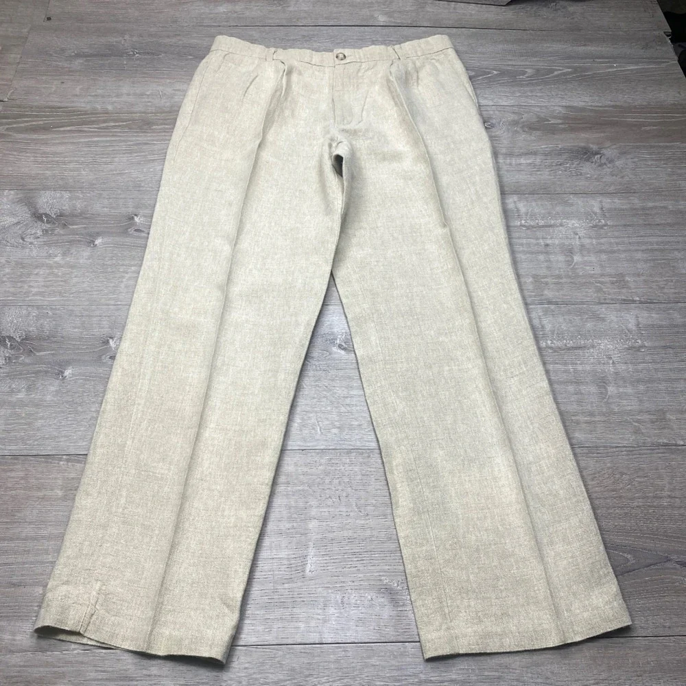 Dockers Premium Men 38x32 Linen Cotton Pleated Pants Tan D3 Classic Fit Beach